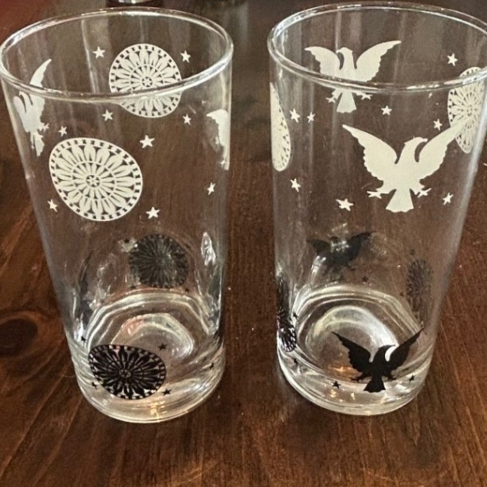 Vintage Barware Highball Glasses Patriotic Eagle Star Set Bicentennial Americana
